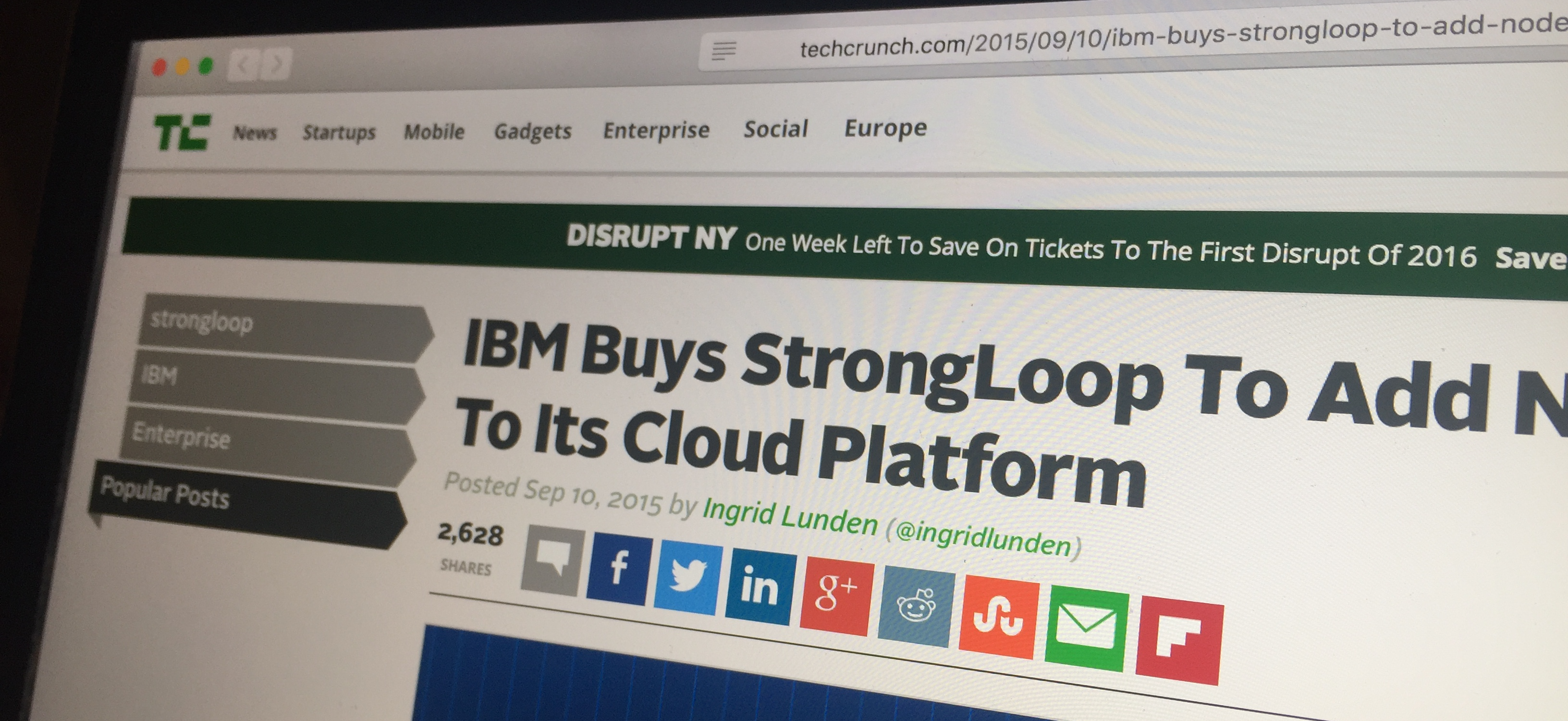 Screenshot of IBM's acquisition of StrongLoop in TechCrunch